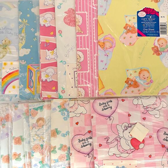 12 Vintage Forget Me Not Baby Shower Boy Girl Gift Wrap Sheets Sealed - Picture 1 of 9